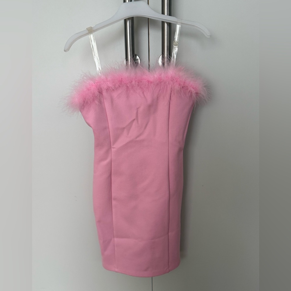 Katiejnyc Pink Feather Trim Mini Dress medium